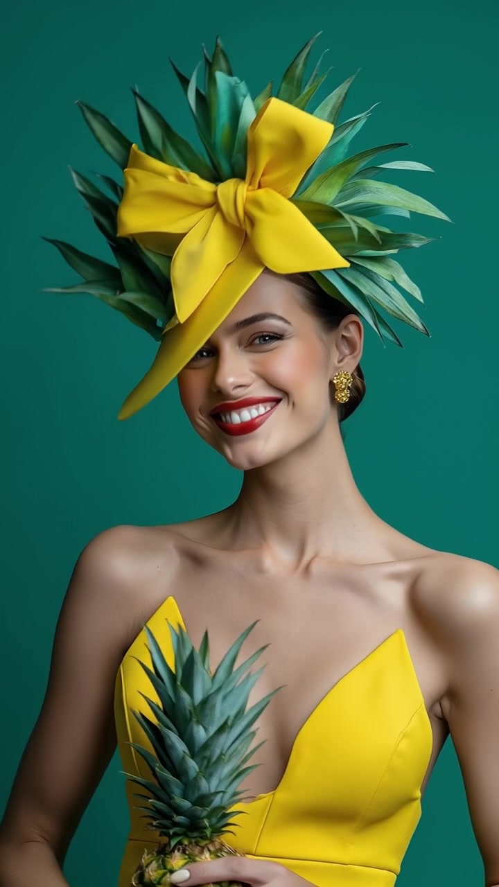 Elegantní mladá žena mající na sobě extravagantní žlutý klobouk ve tvaru ananasu, zatímco drží ananas