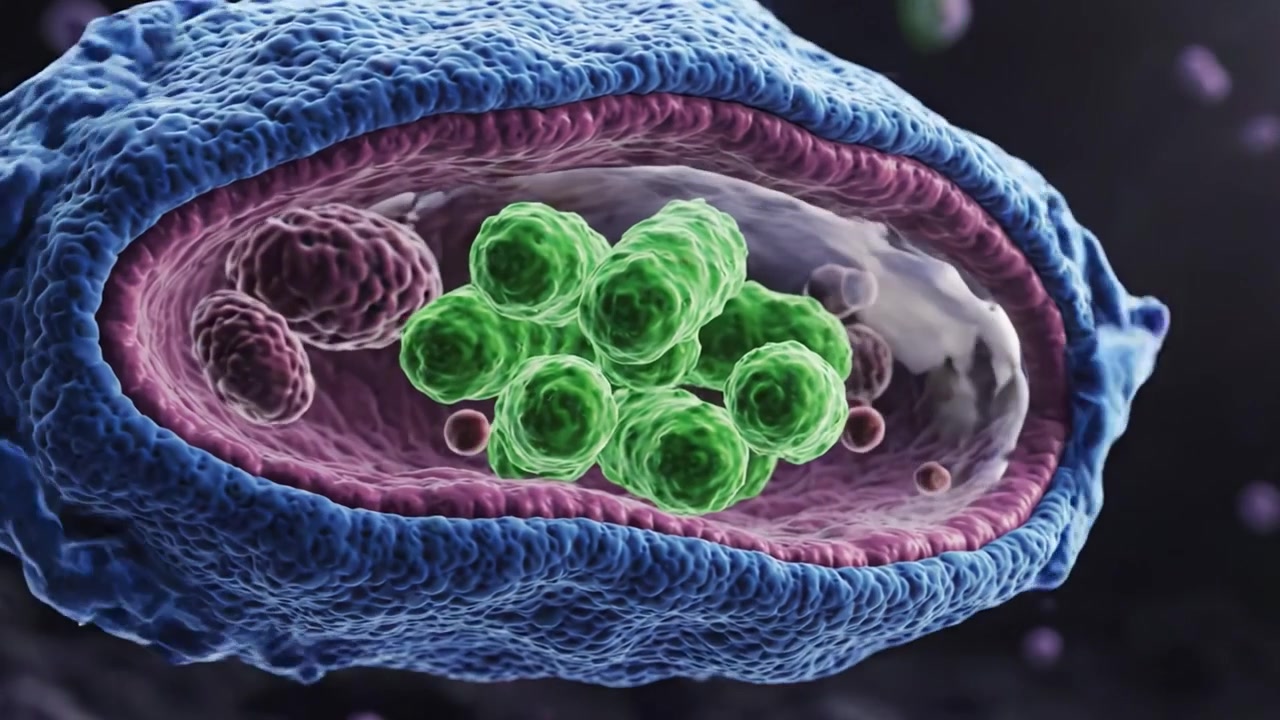 Dinamica molecolare: una straordinaria visualizzazione dell'interazione cellulare e delle strutture batteriche al microscopio, catturando i processi biologici.