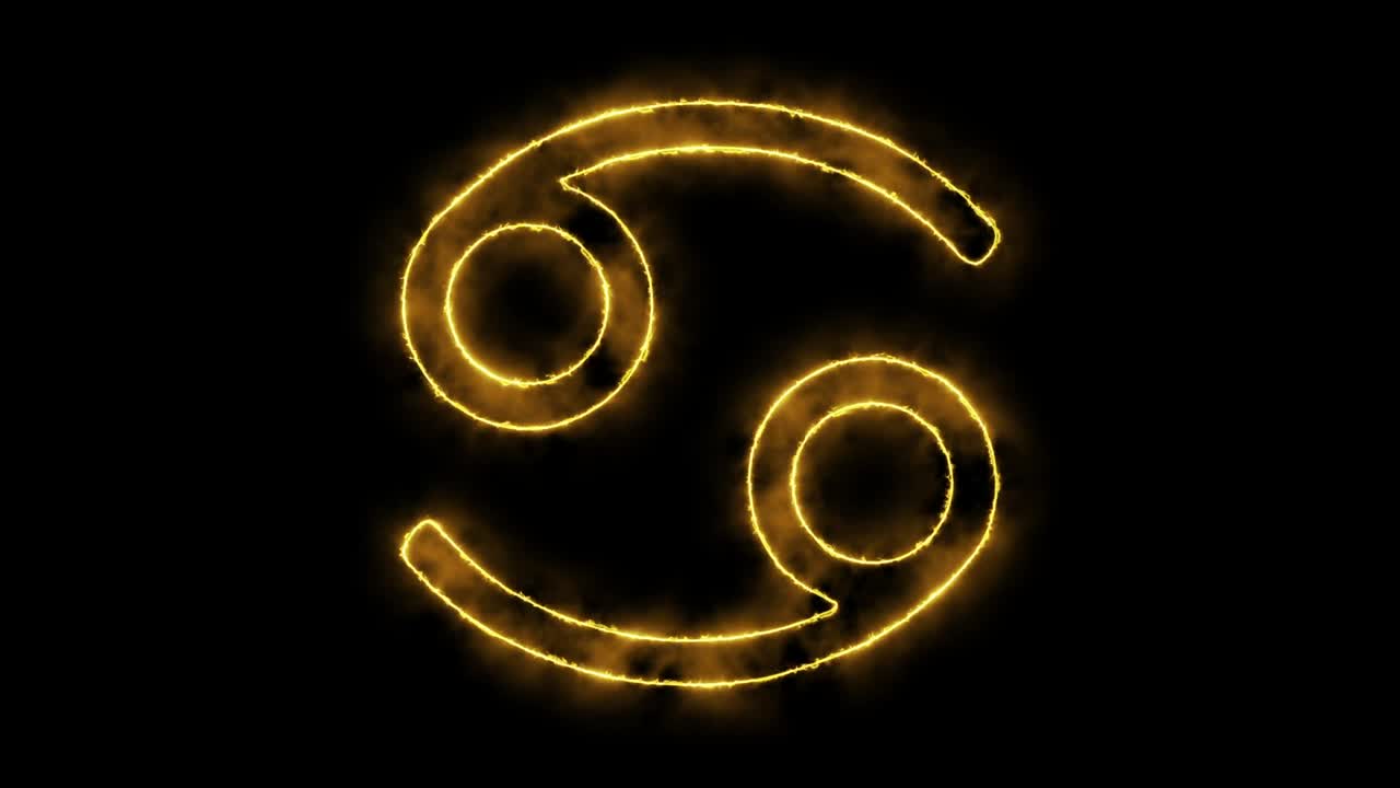 검은색 배경에 불 애니메이션을 가진 암 조디악 상징.