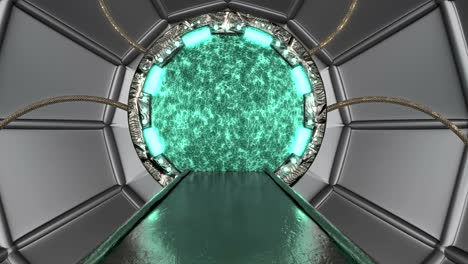 iron rusty hatch opens panoramic view to the spaceship landscape scene. 3d abstract background of sci-fi corridor with portal. futuristic technology abstract vj for tech titles and background.