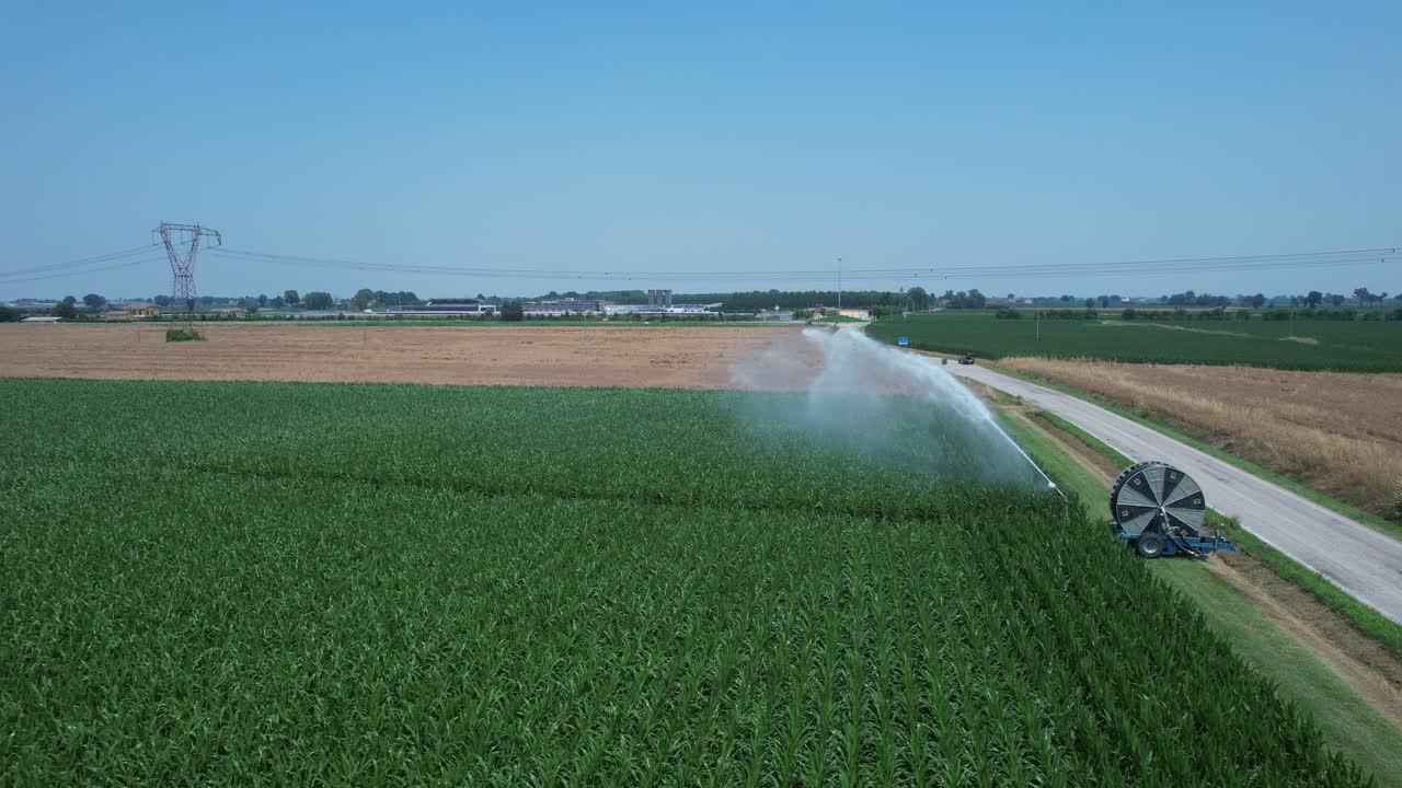 Ripresa dall’alto con carrello in avanti di un sistema di irrigazione rotatorio che spruzza acqua sulle fitte file di colture verdi nei terreni agricoli della Val Padana, con un arco di arcobaleno ben distinto formato dalla rifrazione della luce solare attraverso le gocce d’acqua