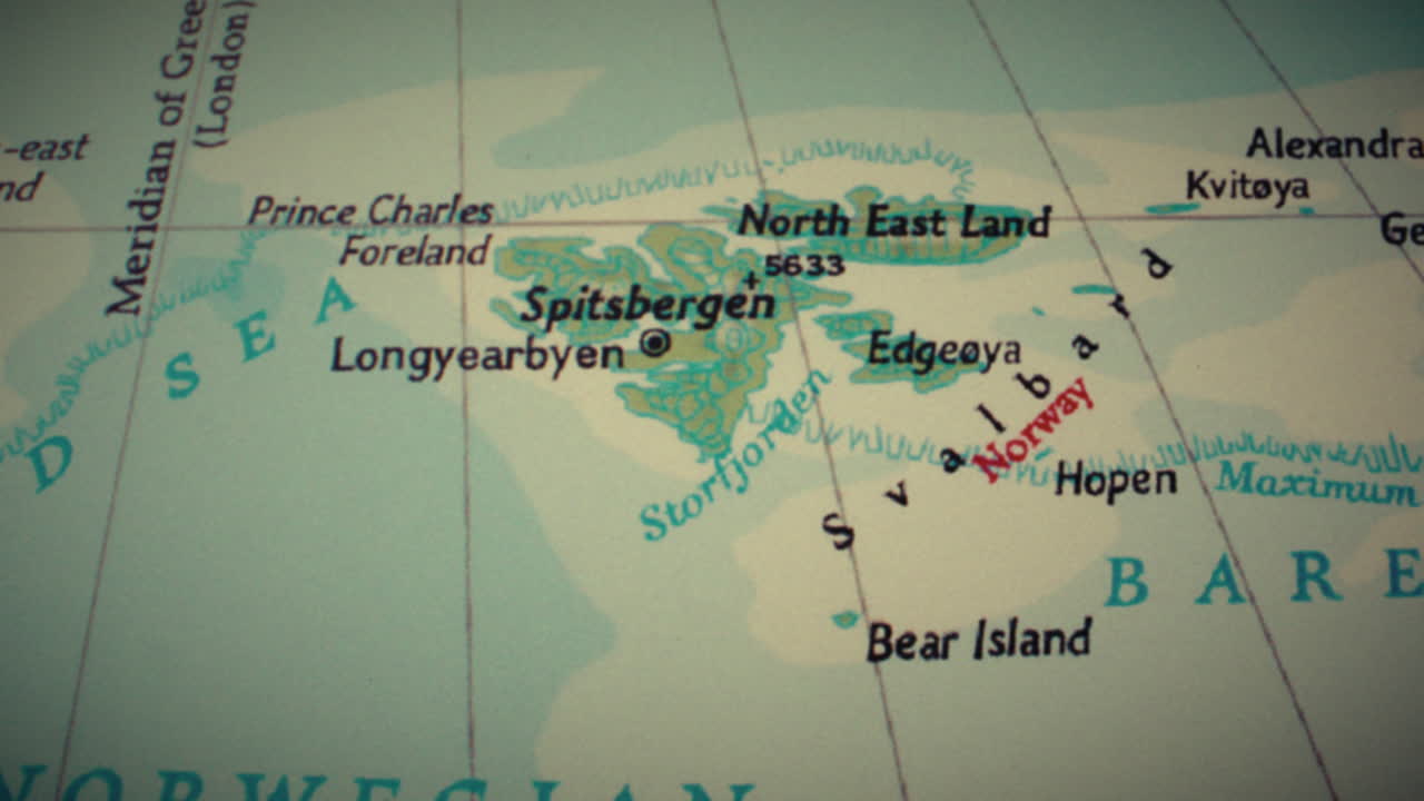 Close-up of a map detailing the Svalbard archipelago in the Arctic