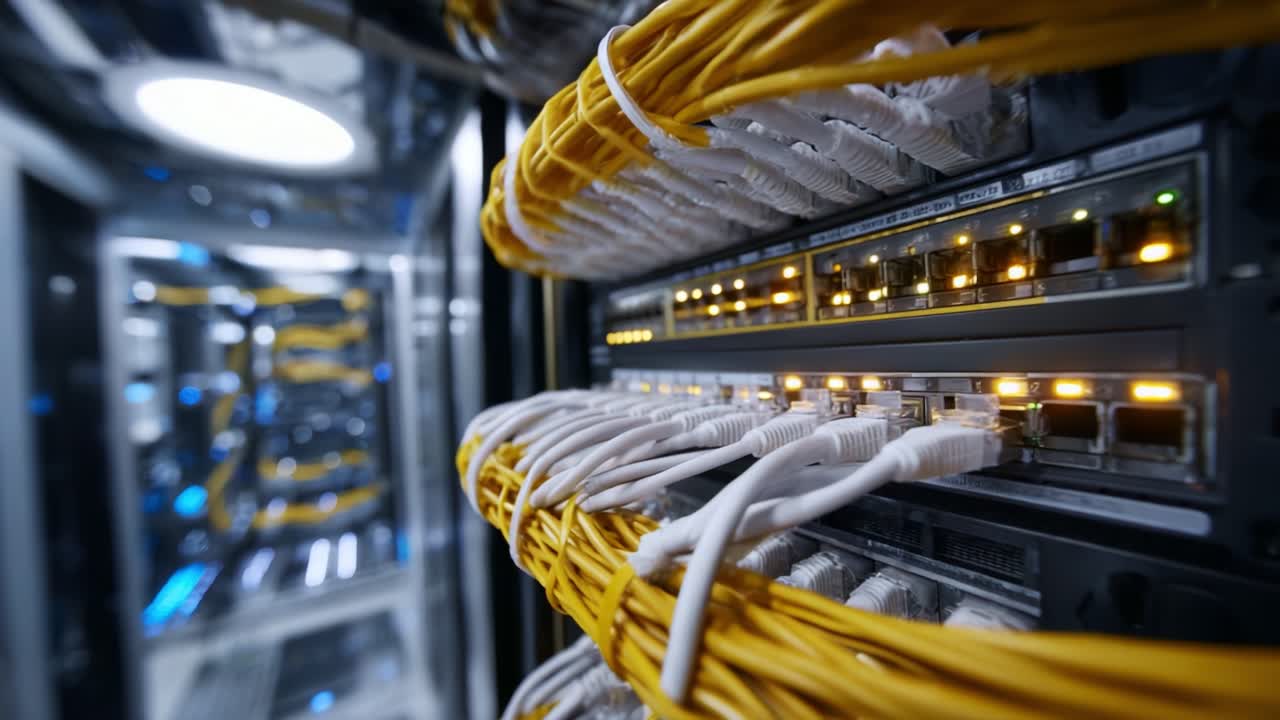Close-up View of Server Cables Connecting to Data Switch in a Modern Data Center with Illuminated Network Equipment and Organized Wiring for Efficient Performance