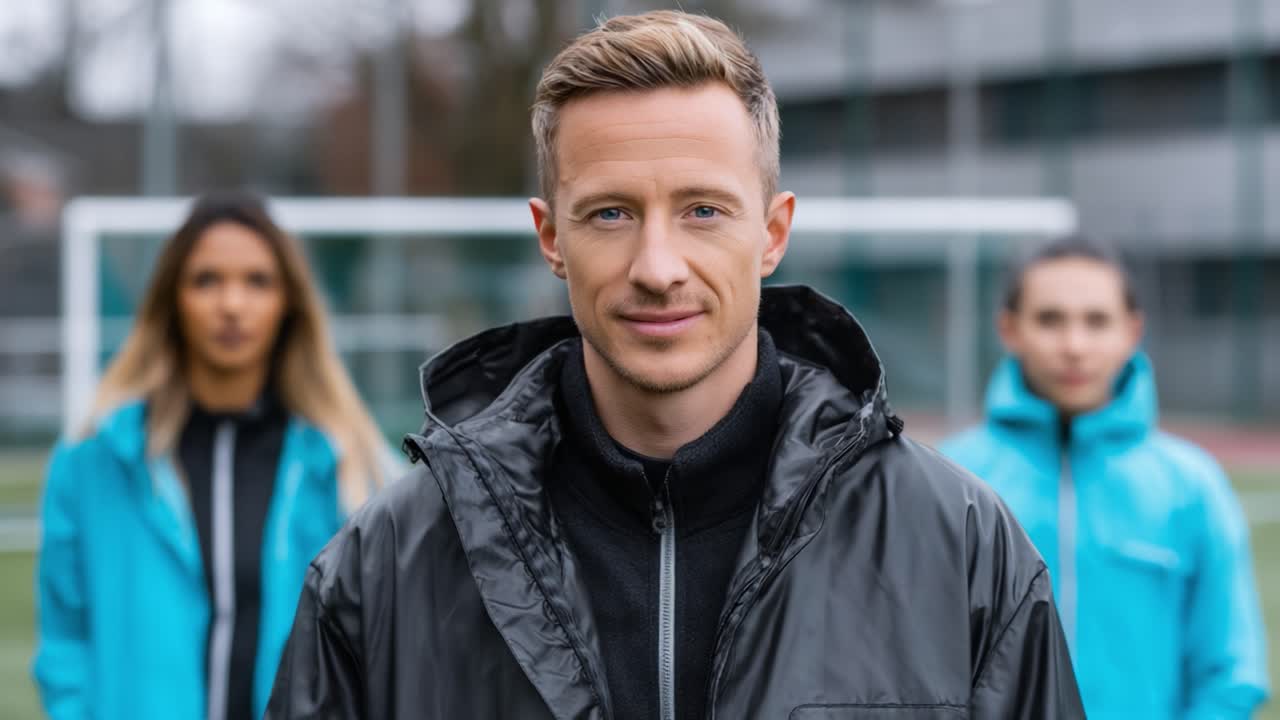 A determined coach leads his team with confidence, guiding them on the soccer field while embracing the spirit of teamwork and dedication towards improvement