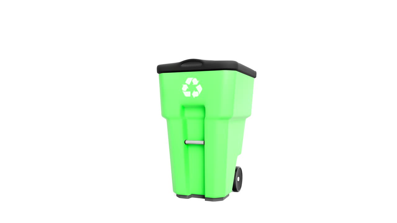 un contenedor de basura de plástico verde con el logotipo de reciclaje, aislado sobre un fondo blanco. la cámara se desliza cerca del cubo de basura, haz un zoom para ver el objeto.