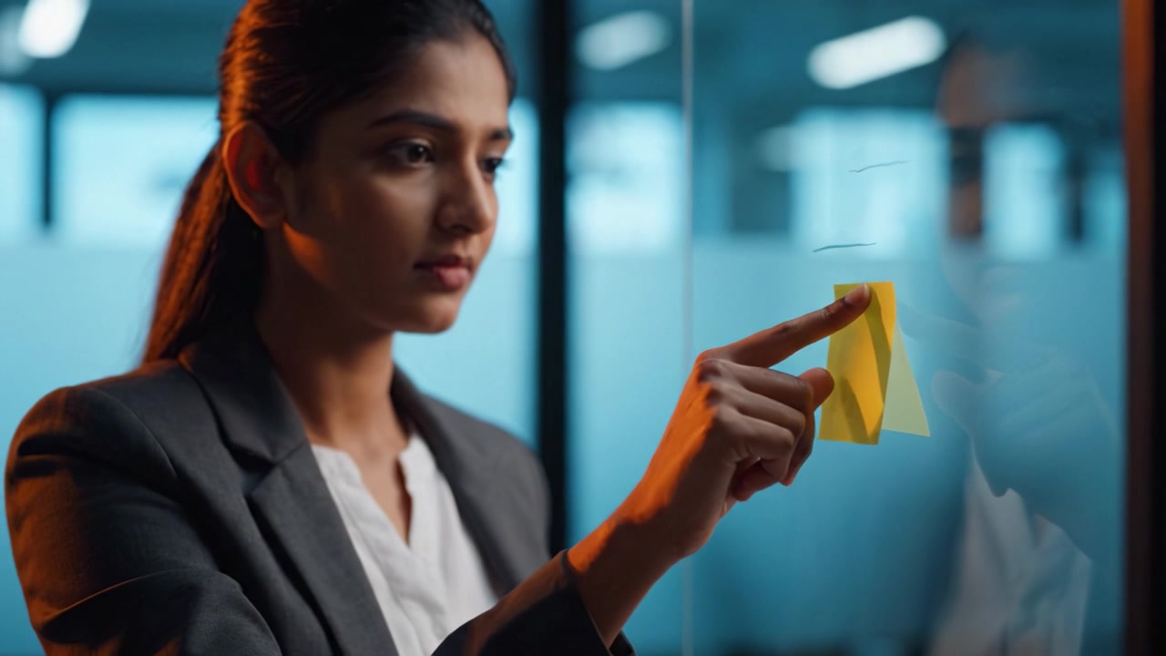 Focused Professional Planning: A Woman Engaged in Thoughtful Reflection While Interacting with Sticky Notes in a Modern Office Environment