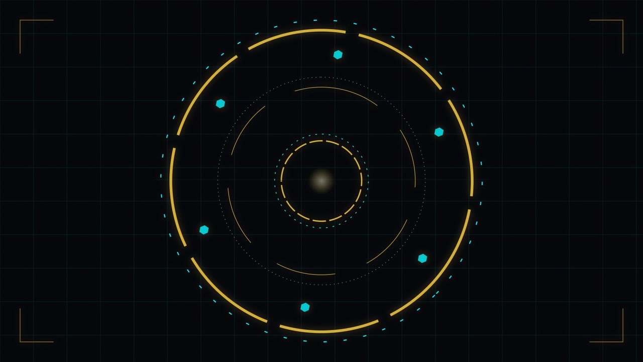 Futuristic Circular HUD Interface Animation on Dark Grid Background
