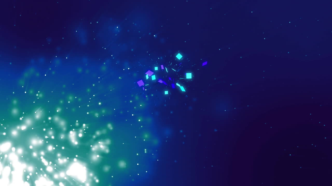 어두운 파란색 배경 위에 반이는 입자와 빛의 흔적 애니메이션