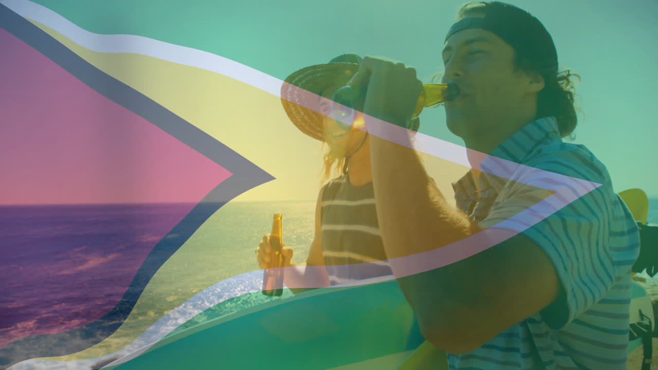 Enjoying drinks by ocean, people with colorful flag animation overlay in background