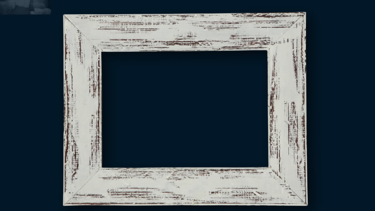 Animation of white wooden frame with copy space on black background