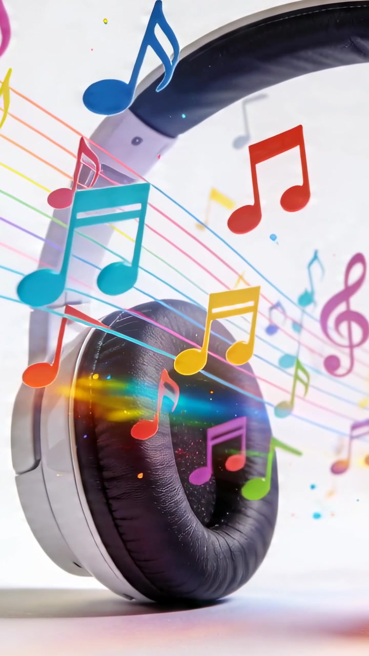 Vídeo vertical: Notas musicais emergindo e movendo-se através de fone de ouvido over-ear sobre mesa branca, para áudio