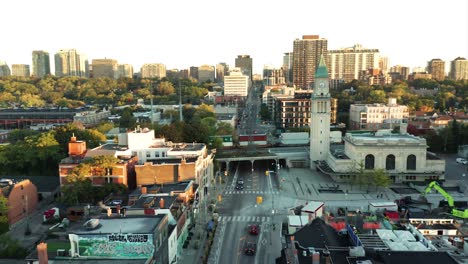 Toronto-Streets-with-Train-Drone-Clip---Push-In---LCBO-Clocktower