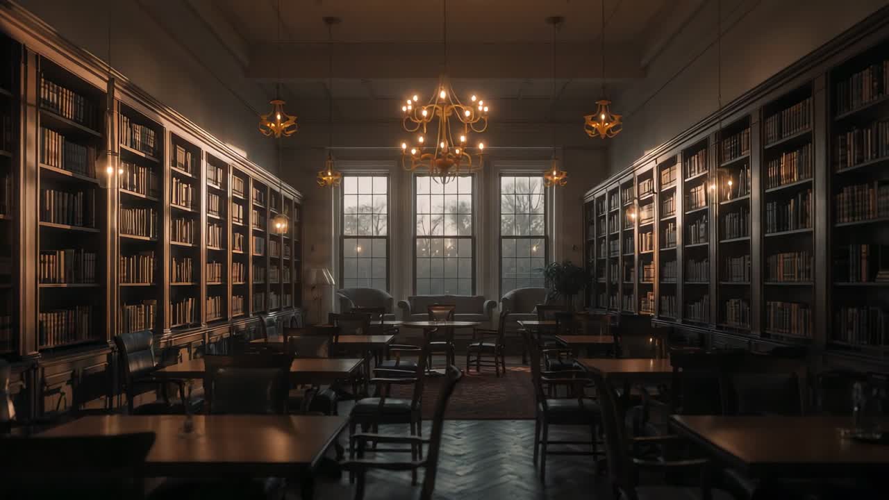 Fading daylight causing chandelier, pendant lamps lighting formal reading room, providing warm glow