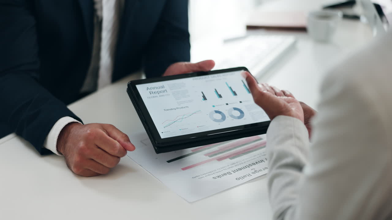 Business people, hands and tablet in marketing