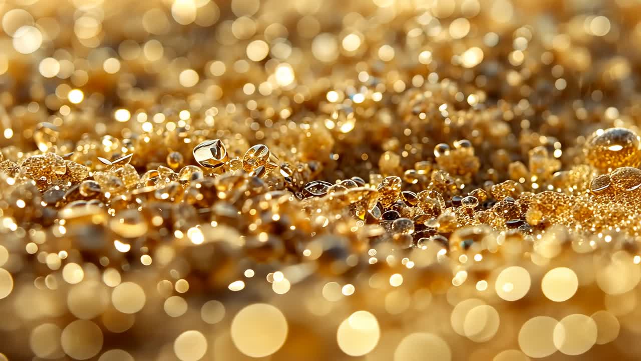 Camera shifting focus, sliding, showing amber drops on sparkling grains for texture in studio light