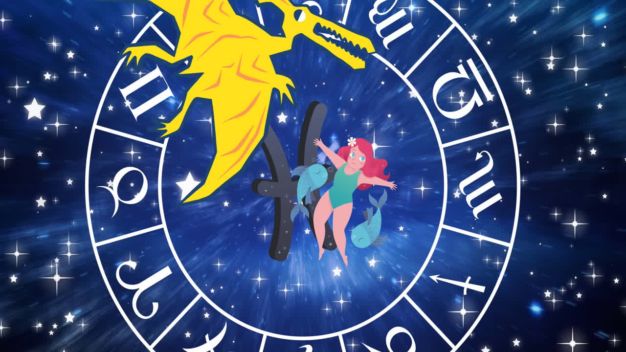 animación del dragón amarillo, el signo estelar de acuario y la rueda del zodiaco girando sobre las estrellas en el cielo