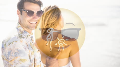 happy smiling couple on the beach with sunglasses smiley for valentine day