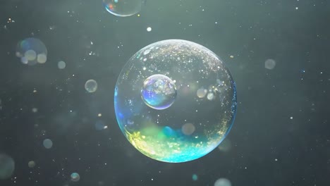 a close-up of a soap bubble floating in the air with sparkles and light reflecting off of it.