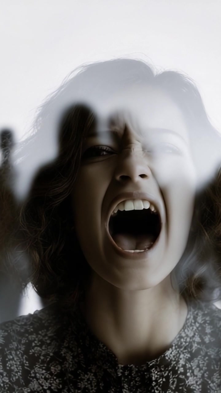 Espressione emotiva intensa catturata in due fotogrammi: il potente urlo di una donna che riflette lotte e turbamenti interiori attraverso una lente distorta.
