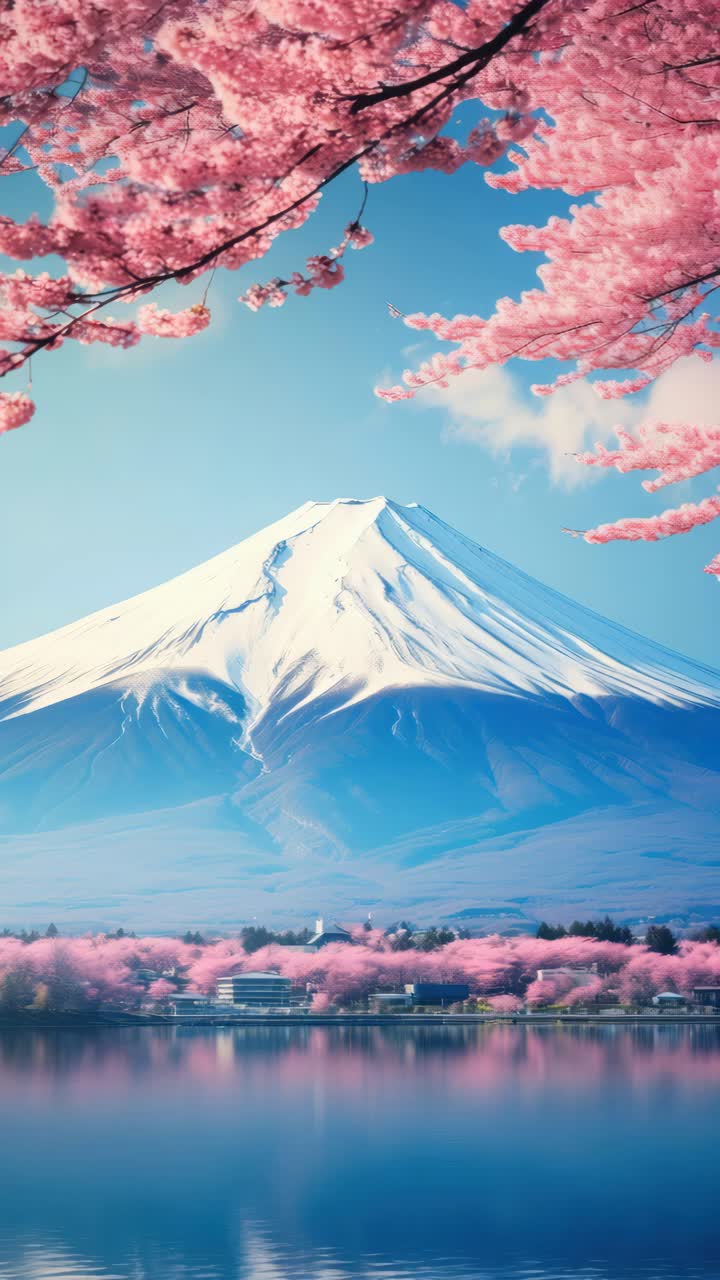 Un fermo immagine mozzafiato del Monte Fuji incorniciato dai fiori di ciliegio