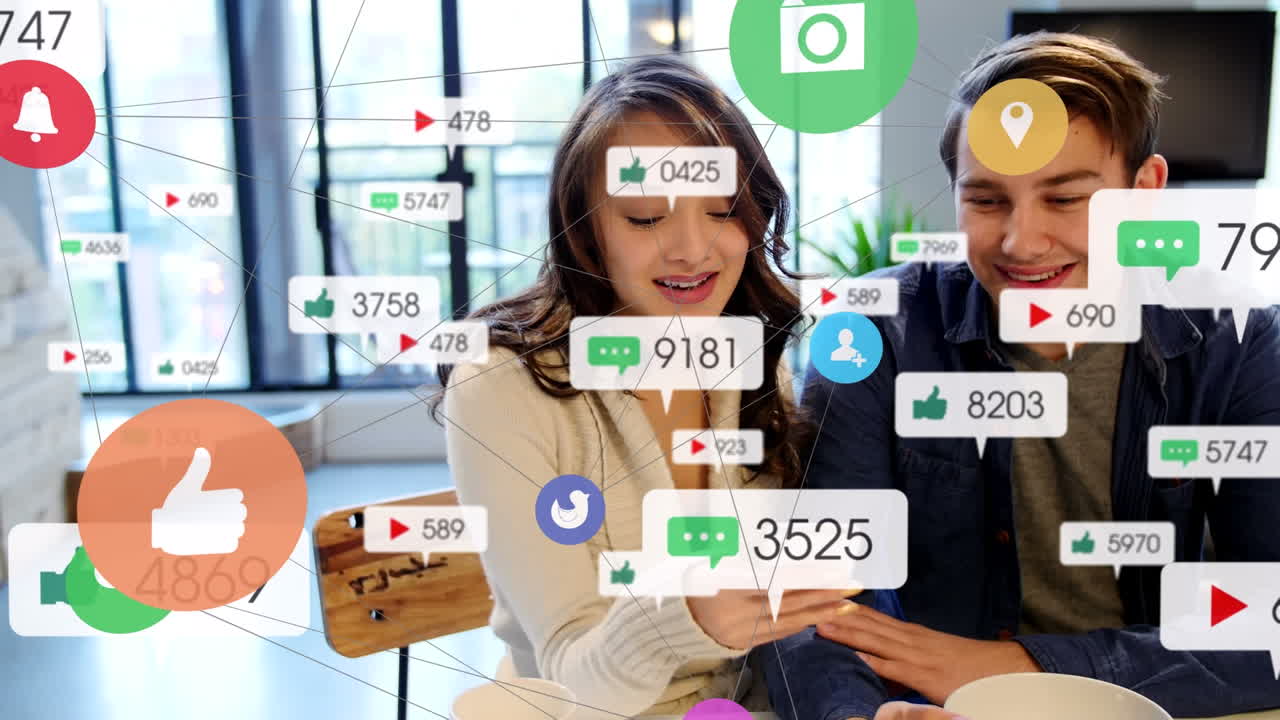 Animation of network of connections and icons with numbers over diverse people using smartphone