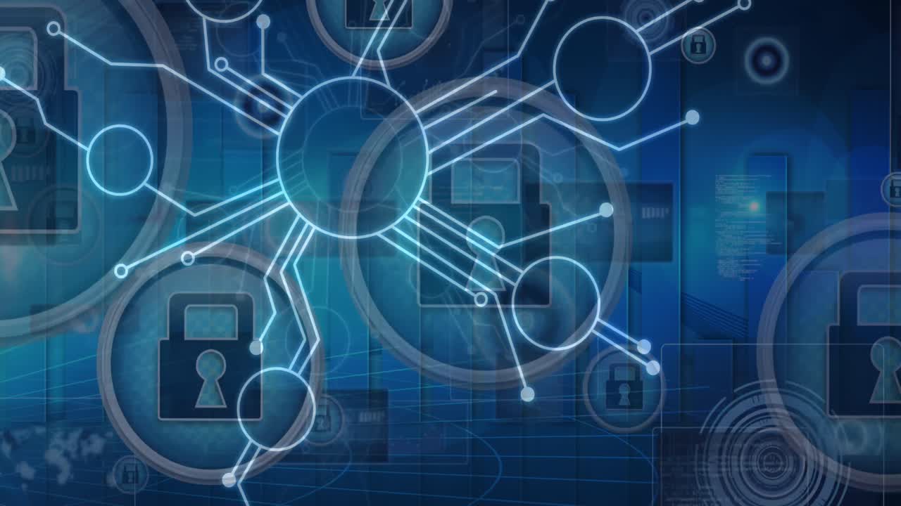 아키텍처 모델 위에 아이콘으로 연결된 네트워크의 애니메이션