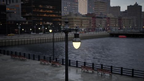 a street light sitting next to a body of water