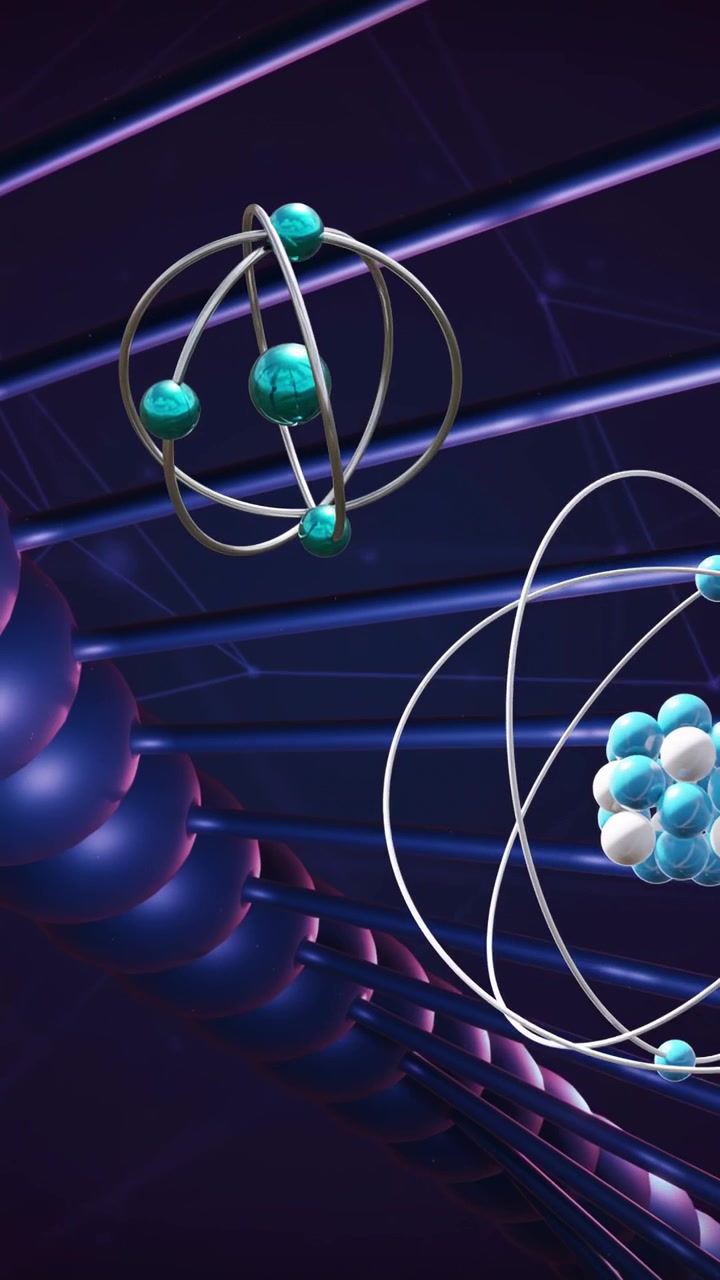 Vertical video: Camera panning right, purple helix holding as atoms drifting, orbiting showing grid
