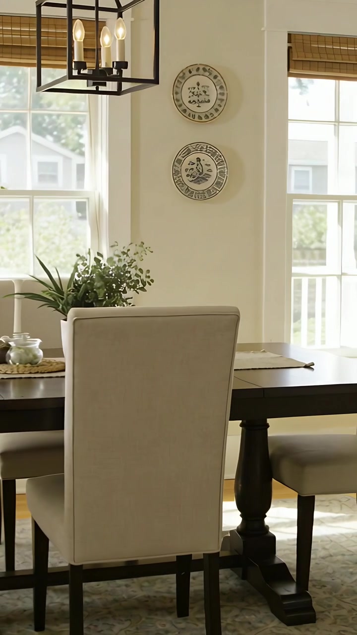 Vertical video: Camera panning right revealing tall upholstered chair and dark wood table at home