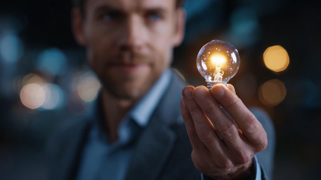 A Man Holding a Glowing Light Bulb in a Dimly Lit Environment Showcasing Innovation and Creativity in a Captivating Visual Presentation