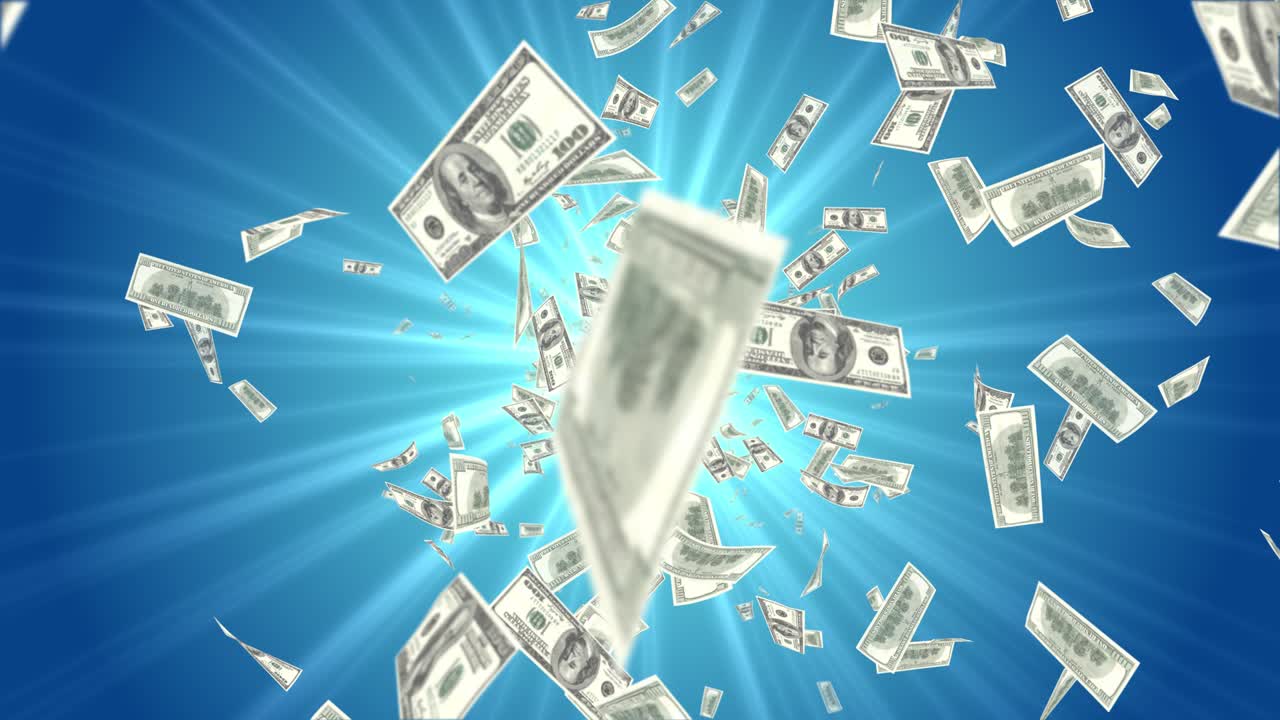 100 달러 지폐가 루프 애니메이션으로 날아갑니다. 4k 알파 마스크, 돈의 어리