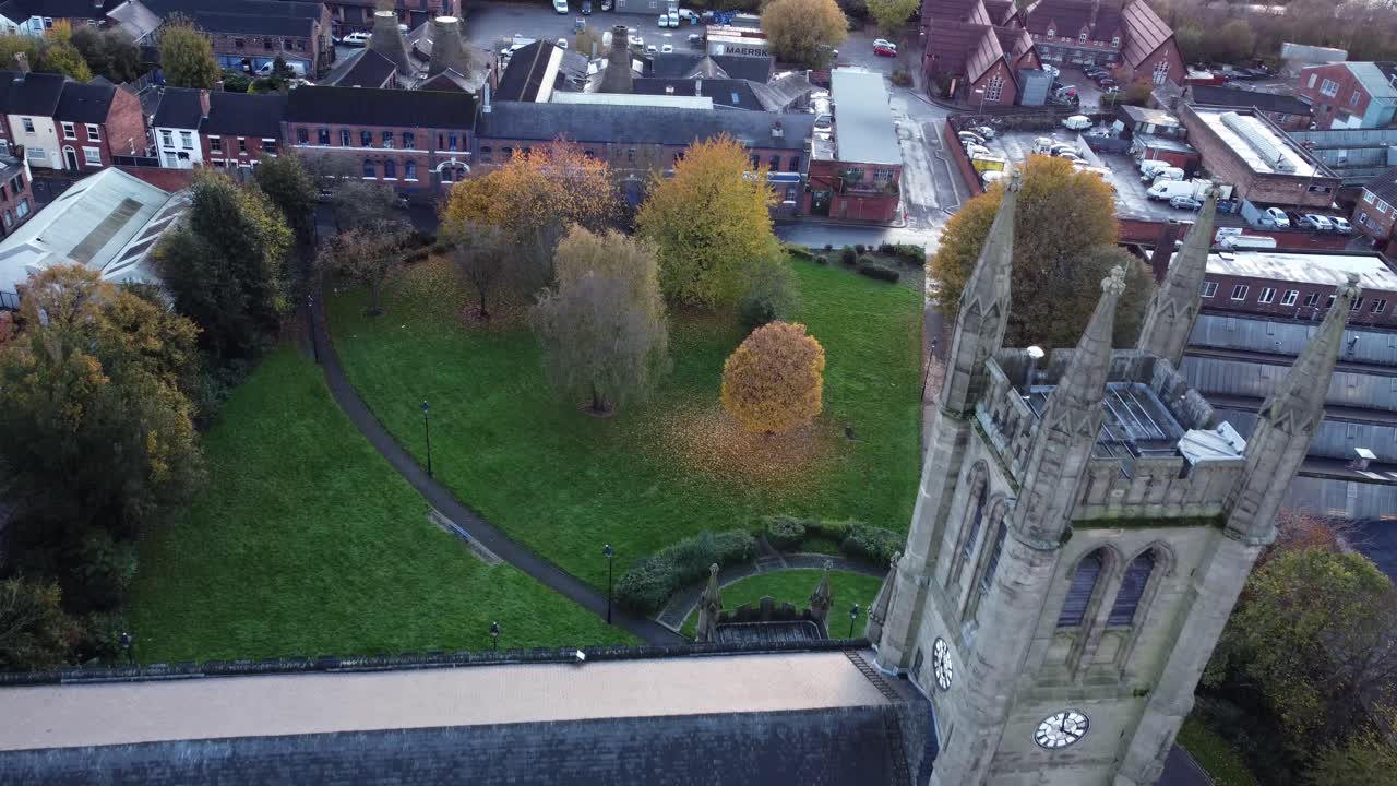 Aerial View of Church, Park, and Town in Autumn