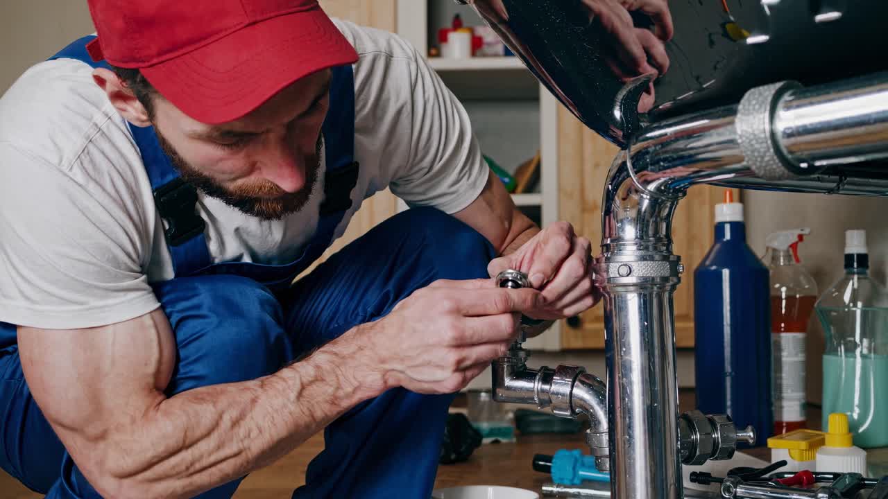 Idraulico professionista che lavora sui tubi del lavandino sotto un piano di lavoro.