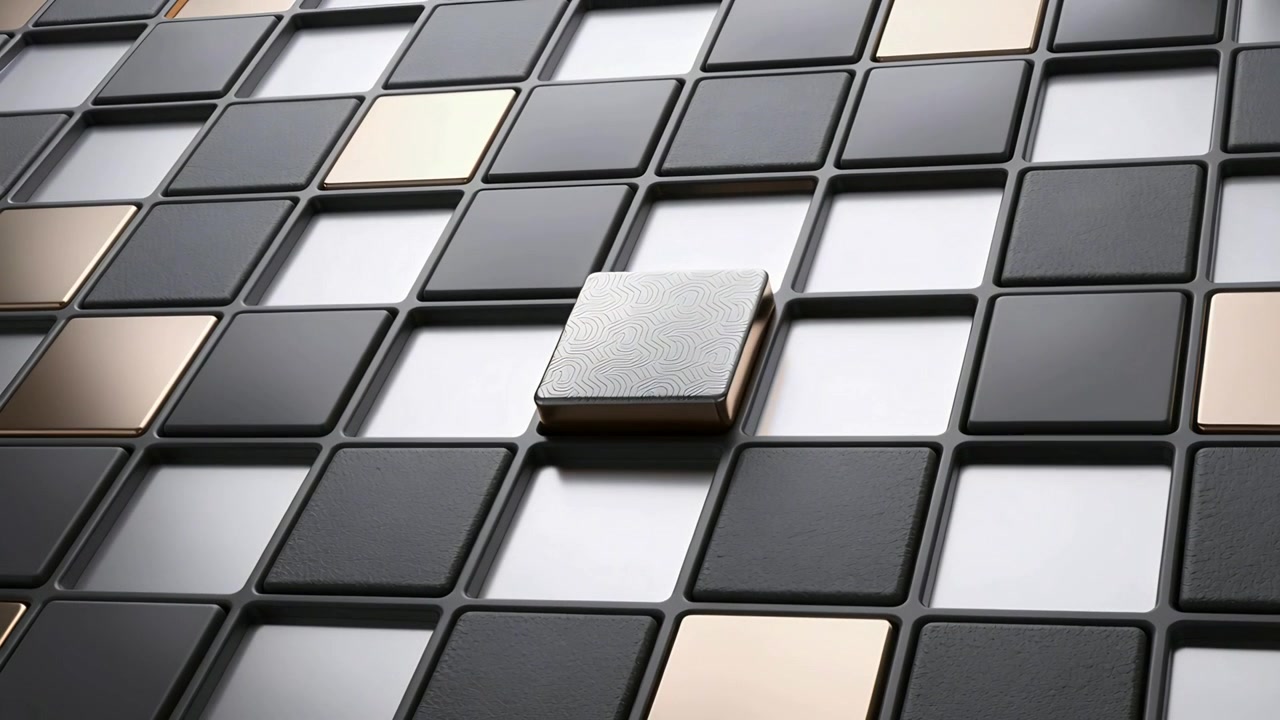 Animation cue lifting bronze tile moving, rotating, and settling flush on 3D grid to join pattern