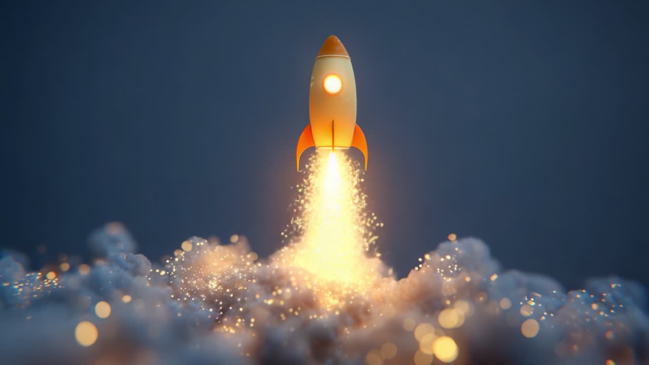 A Vibrant Rocket Launching into the Cosmic Unknown, Surrounded by a Cloud of Sparkling Stardust and Illuminated by a Golden Glow, Embarking on an Adventurous Journey Beyond Earth