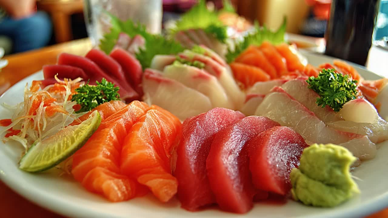 A Beautifully Arranged Platter of Fresh Sushi: A Colorful Display of Various Types of Fish, Garnished with Fresh Herbs and Accompanied by Lime and Wasabi