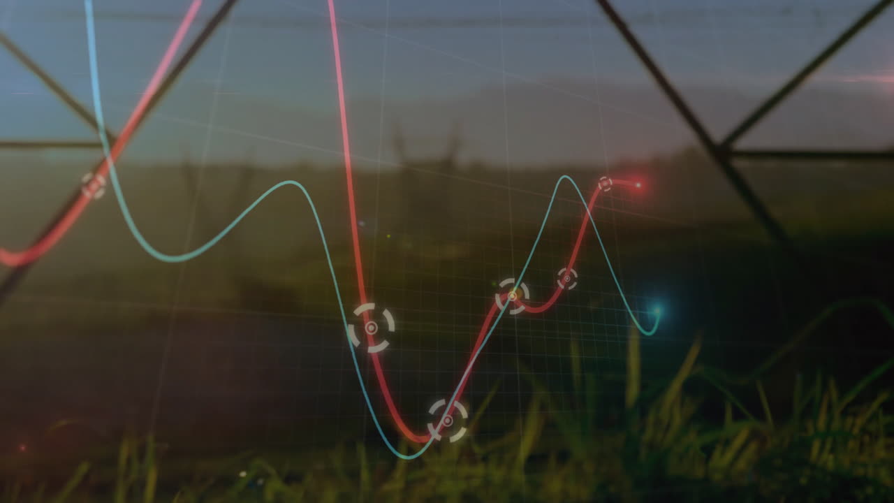 Graph animation over grassy landscape with power lines in background
