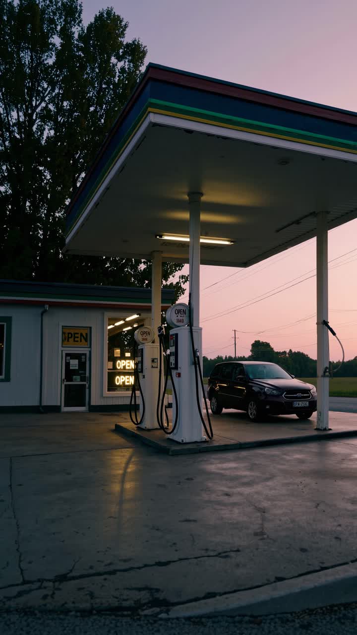 Scena video al crepuscolo di una stazione di servizio vintage con un'auto parcheggiata, ripresa dal basso
