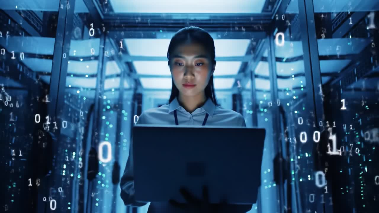 A focused professional analyzes digital data, immersed in a high-tech server environment, illuminated by streams of binary code and vibrant data visualizations.