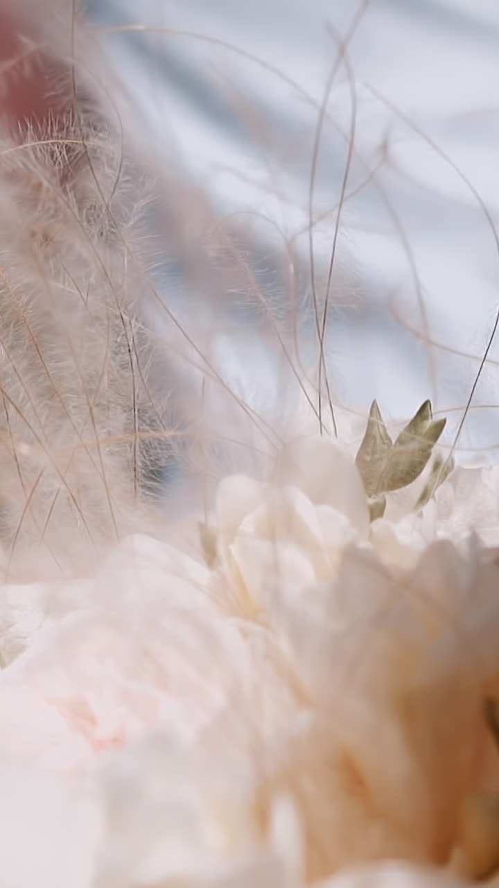 Bride woman holds fresh bouquet with gentle fluffy feather grass twigs waving in wind at wedding closeup slow motion. Decor and accessory for marriage ceremony