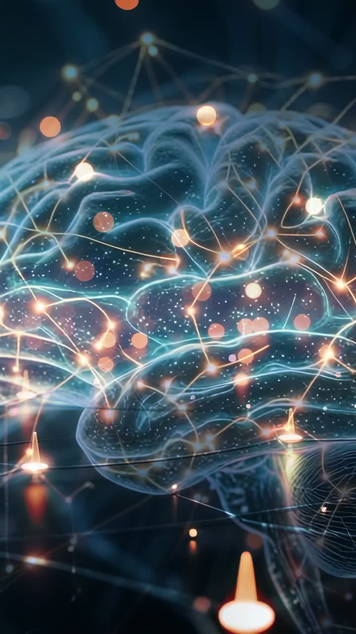 Vertical video: Starting brain processing in void, with glowing nodes threads pulses and wire nodes