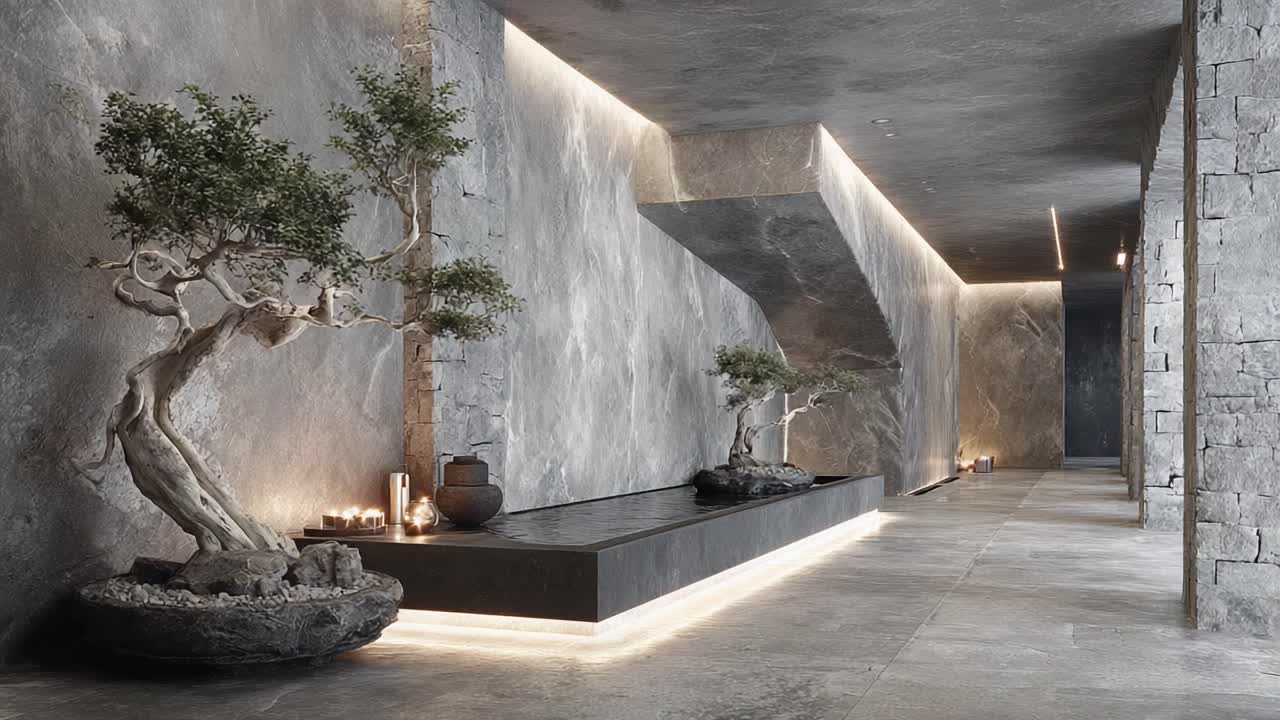 Modern Zen Interior Design Showcasing Serene Elements with Artistic Stonework and Minimalist Structures for a Calm Ambiance
