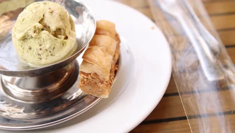 pistachio ice cream and baklava at a desert cafe in tripoli, northern lebanon