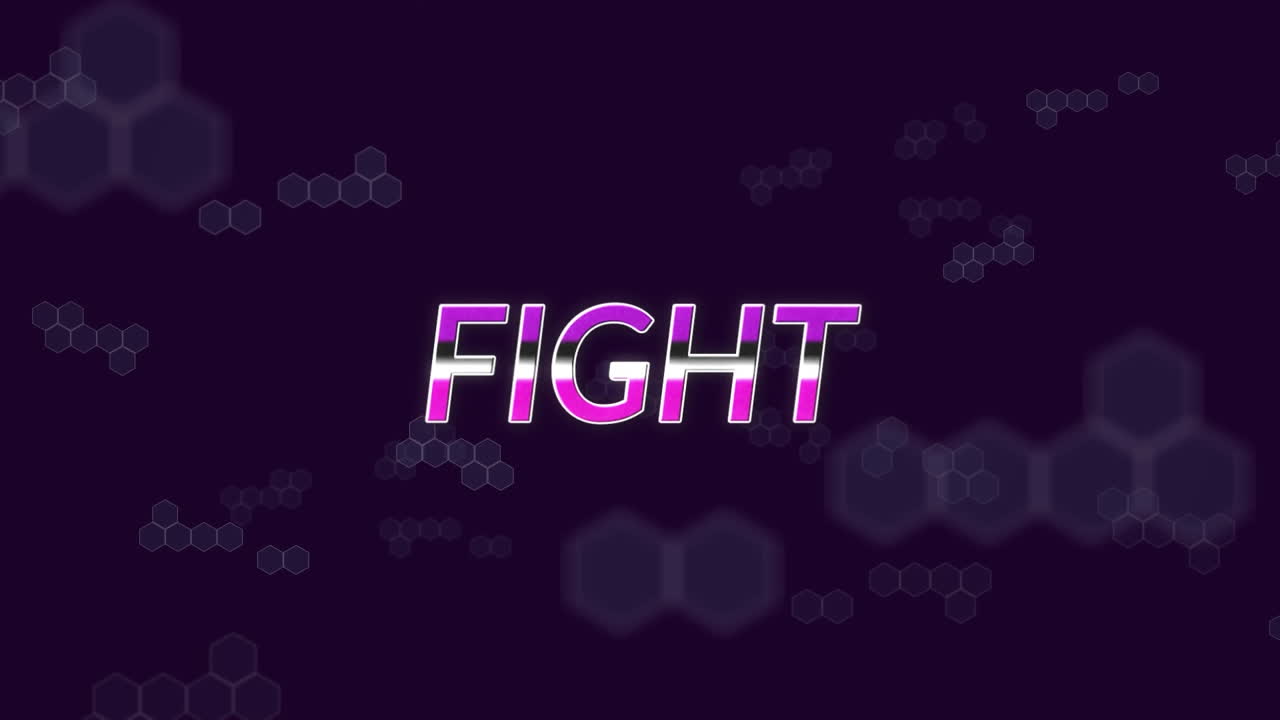 어두운 배경에 움직이는 분자 위에 싸우는 텍스트의 애니메이션