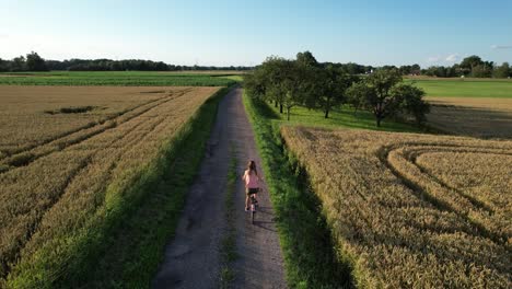 Woman-rides-a-bicycle-through-the-fields-at-sunset