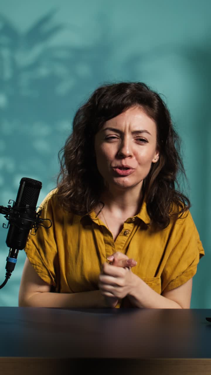 Giovane donna felice che parla e gesticola mentre registra un podcast