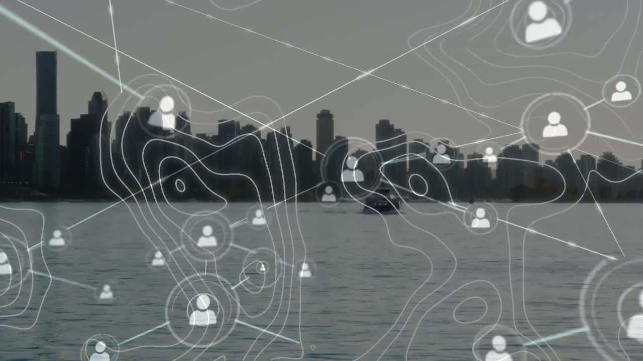 Animation of network of connections and white lines over cityscape