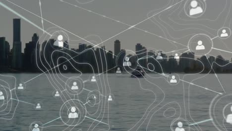 animation of network of connections and white lines over cityscape