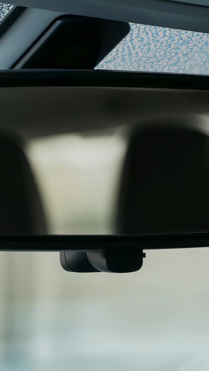 Vertical video: Recording cam showing rear mirror with headrests, focus shifting in car, sensor