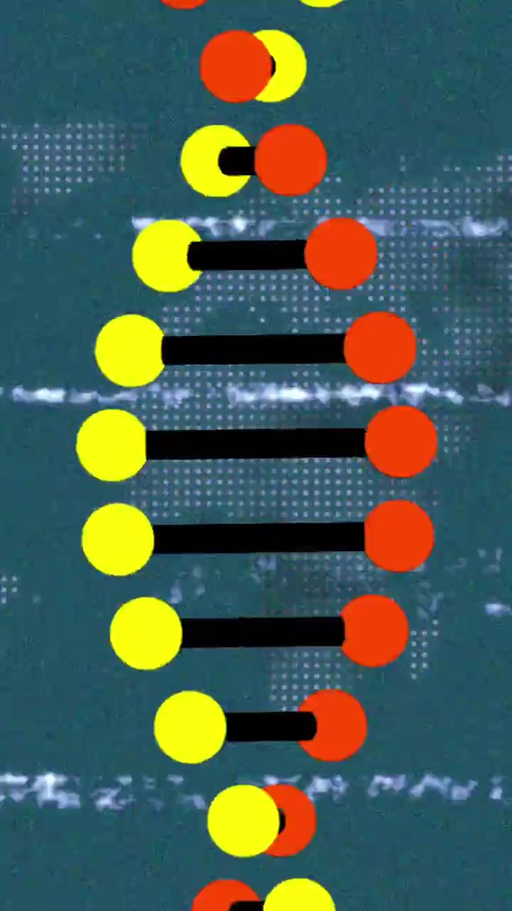 Animation of play digital interface on screen with dna strand and data processing